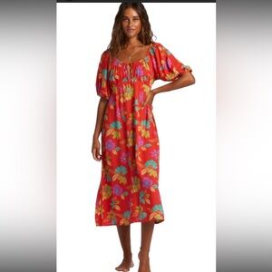 Billabong True Romance Red Boho Cottagecore Peasant Prairie Floral MIDI Dress XL